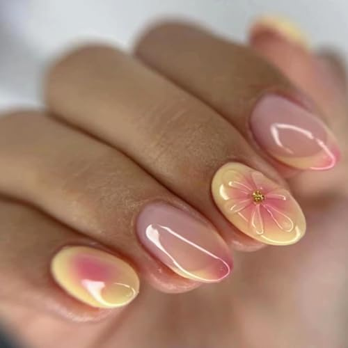 Viugex 24 Piezas Flores Uñas Postizas Cortas Almendra, Rosa Amarillo Francesas Press on Nails con Pegamento Gelatina, Naturales Artificiales Reutilizables Uñas Acrilicas para Mujeres y Niñas
