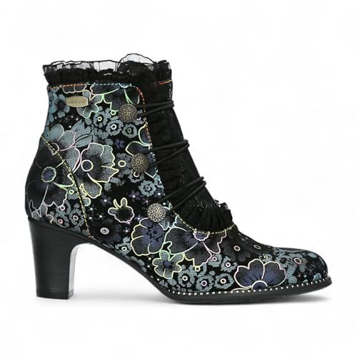 Botines de Piel con Diseño Victoriano Gótico Elcodieo 224 Para Mujer de Laura Vita, con Flores Azules, Cierre de Cremallera y Cordones Vintage.
