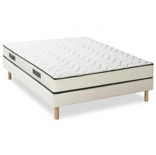 BLUE MOON Lit Complet 140x190 avec Matelas Mi-Ferme + Sommier. Matelas 140x190x15 cm Confort Universel + Sommier Tapissier en Pin, Pieds Hêtre Massif. Fabriqué en Belgique - Garantie 5 Ans - MORPHOSE