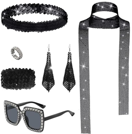 6 Stück 70er Jahre Disco Kostüm Zubehör Set disco Accessoires 70er für Damen mit Glitzer Pailletten Schal Sonnenbrille Ohrringen Haarband Strassarmband Ring für Fasching Karneval Kostüm-Schwarz