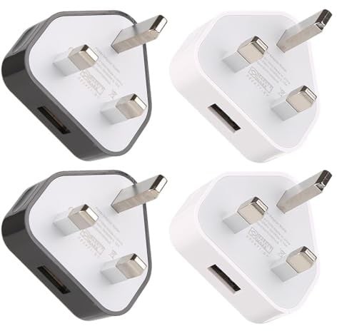 USB Plug Adapter UK 4 Pack 5V 1A USB Wall Charger 3 Pin Plug Mains Adapter