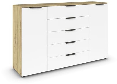 Rauch Möbel Flipp, Kommode, Farbe Weiß/Eiche Artisan, Breite 160 cm | Sideboard, 2-türig, 5 Schubladen, Soft-Close-Funktion, für Schlafzimmer, Gästezimmer, Wohnzimmer, Garderobe, Flur