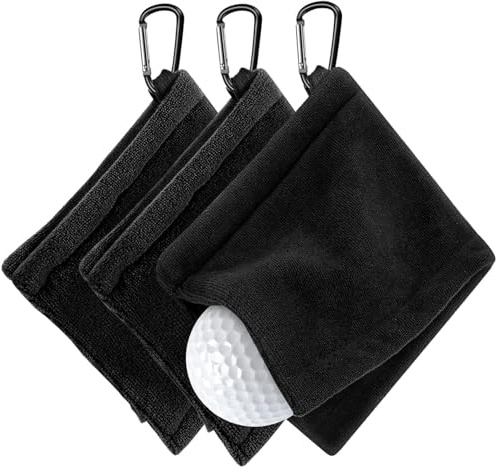 Tniytru 3 Pack Absorbent Golf Towels for Men Women, Multipurpose Cleaning Towel with Carabiner for Golf Bag, Outdoor Fitness, Gym and Travel (3 Colors, Black)