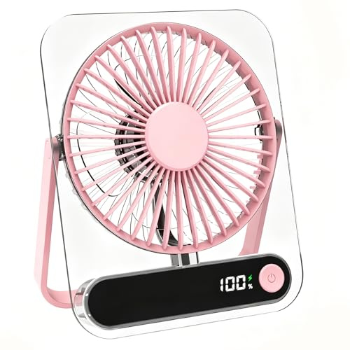 iNeibo Office Slient Power Desk Fan,1800mAh USB Rechargeable Mini Fan, Ultra-thin Portable personal Fans,LCD Digital Display,180° Tilt Folding Desktop Fan, 5-speeds Strong Wind For Home Bedroom(Pink)