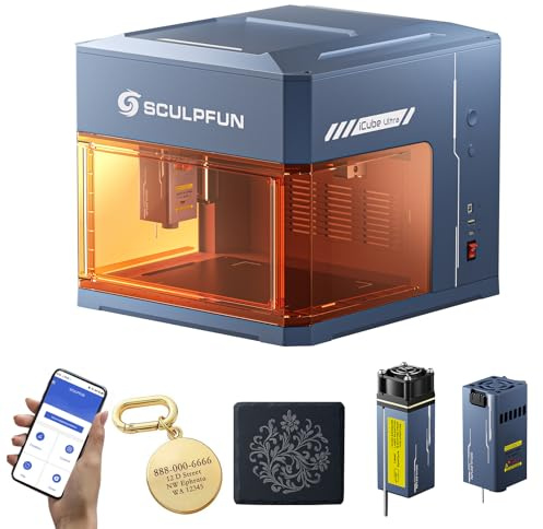 SCULPFUN iCube Ultra Dual 12W Laser Graviermaschine, 12W Diode & 1,2W Infrarot, Vollständig Geschlossener Desktop Laser Cutter für Holz, Leder, Acryl, mit Auto-Fokus & Rauchfilter, 150x135mm