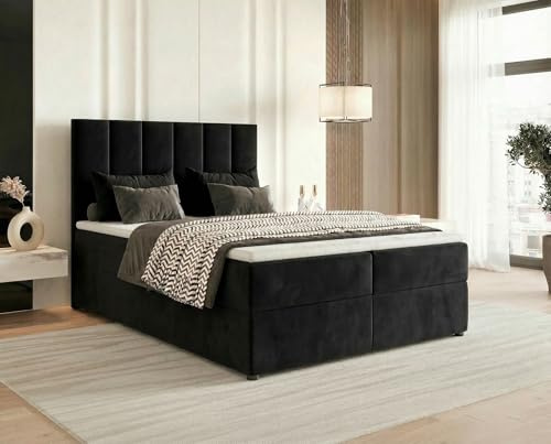 Chilly. Boxspringbett Astoria - Bett 200x200 cm - Bettkasten und Stauraum - Matratze H2/H3 und Topper 4cm - Weicher Jasminstoff - Schwarz