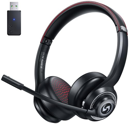 Wireless Office Headset for Computer, 2.4GHz Wireless & Bluetooth Headphones with Noise Canceling Microphone, 50H Playtime for Call Center/Cell Phones, Lightweight Comfort