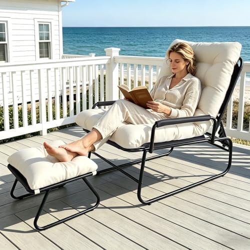 OVLRIJP Loungesessel Outdoor, Balkonsessel Liegestuhl Gartenliege, Relaxsessel Garten mit Hocker, Auflage Abnehmbar, 5-Positionen Liegefunktion, Relaxliege für Garten, Terrasse, Balkon (Beige)