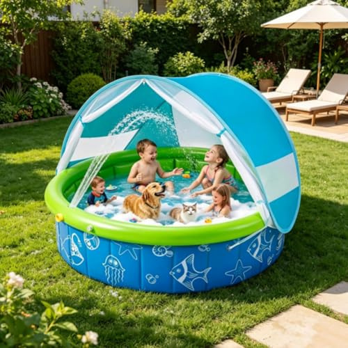 Faltbarer Hundepool Mit Abnehmbarem Sonnendach, 100x30cm Robustes Planschbecken Für Kinder & Hunde Pool Mit Dach, rutschfest Hundeplanschbecken, Tragbarer Hundebadewanne Für Garten Outdoor Camping