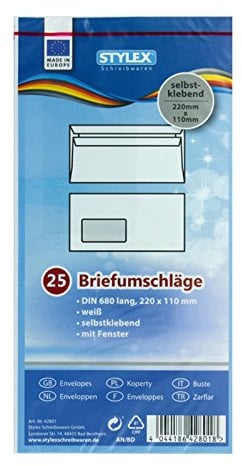 Stylex 25 Briefumschläge DIN lang mit Fenster selbstklebend Weiß