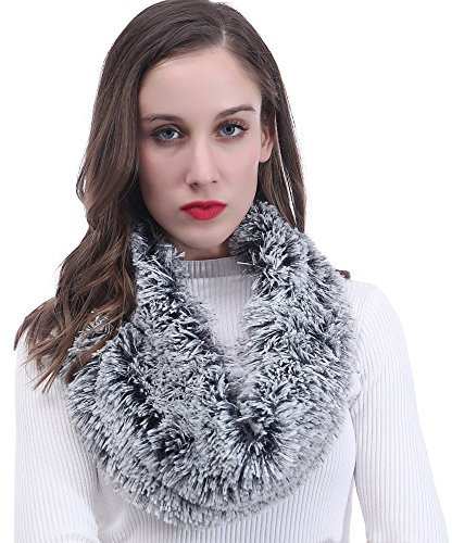 Lina & Lily Super Soft Fluffy Faux Fur Snood Scarf Neck Warmer (White and Grey)