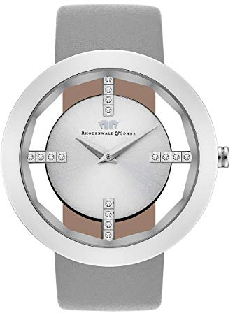 Rhodenwald & Söhne Lucrezia Damenuhr Edelstahl Silber 3 ATM verziert mit Kristallen Echtlederarmband grau - Fashionuhr Skeletonoptik