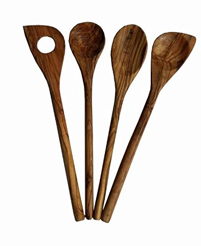 4X Olivenholz Kochlöffel Küchenhelfer Set Oliven Holz Koch Löffel Geschenk Set 4 Teile je ca. 30cm spitz oval rund Holzlöffel Küchenset