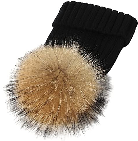 feifanshop Damen Echtfell Waschbär Fell Pelz Bommel Strick Mütze Winter-Mütze Bommelmütze