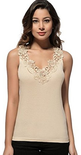Maria Angel Ladies Plain Cotton Wide Strap Vest Top Lace Trim Neck Design Cami Tank Camisole