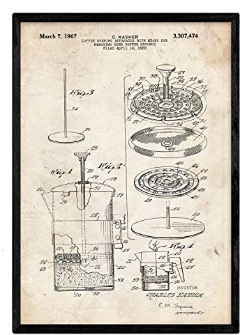 Nacnic Stampa VINTAGE, con brevetto di utensili da cucina. Manifesti con invenzioni e vecchi brevetti cucina. Disegno di alta qualità, sfondo vintage. progettto caffettiera. Caffè