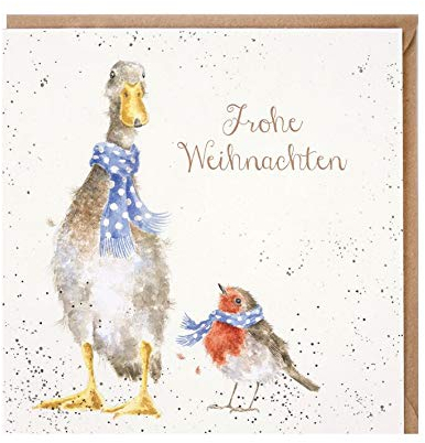 Wrendale - GX017 - Weihnachtskarte, Doppelkarte mit Umschlag, Gans, Rotkehlchen, Frohe Weihnachten, 15cm x 15cm