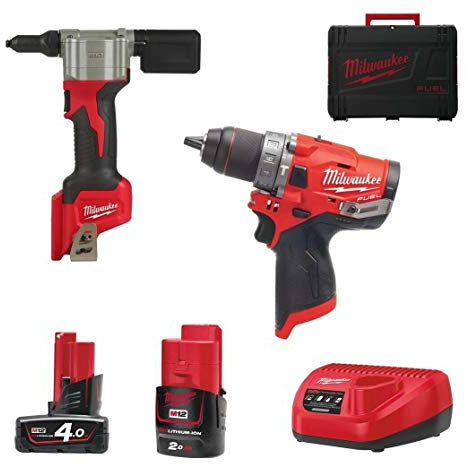 Milwaukee 4933471682 Pacchetto Rivettatrice Agli Ioni Di Litio 12V - 2 Batterie - 1 Caricabatterie 12V