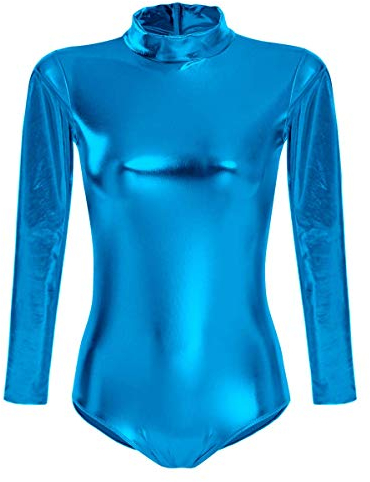 FYMNSI Damen Glänzende Ballettanzug Ballettbody Sport Tanz Body Gymnastikanzug Trikot Langarm Bodysuit Metallic Wetlook Einteiler Turnanzug Leotards Overall Lack Leder Oberteile Top Kostüm Blau 2XL