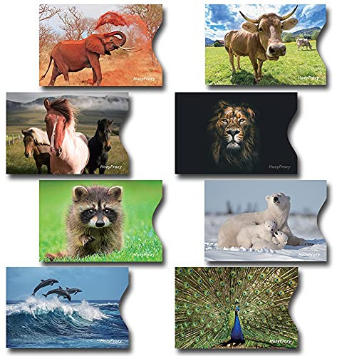 8 RFID Blocking Sleeves Credit Card Protector Anti Theft Credit Card Holder with Lion Horse Elephant Delphins Cow Peacock Polar Bears and Raccoon Prints