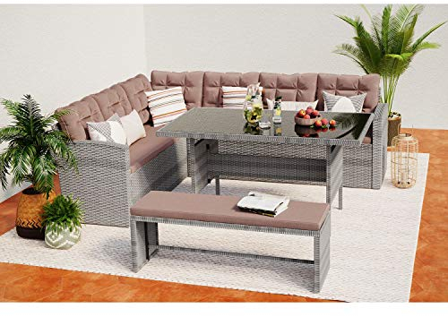 CONCEPT USINE | Salon de Jardin Angle Résine Tressée 8 Personnes | Moorea Salon Gris Clair Coussin Café | 1 Table Haute Plateau Verre + 2 Canapés + 1 Banc Coussins Déhoussables Imperméables