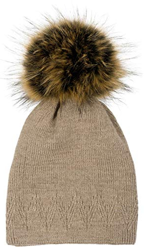 styleBREAKER Unisex warme einfarbige Strick Bommelmütze mit Zacken Muster, Abnehmbarer Kunstfellbommel, Winter Mütze 04024181, Farbe:Taupe