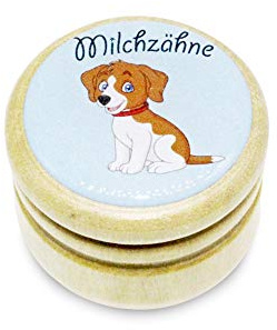 GICO Milchzahndose, Zahndose Milchzähne Bilderdose mit diversen Motiven aus Holz für Jungen und Mädchen mit Drehverschluss 44 mm (Hund)
