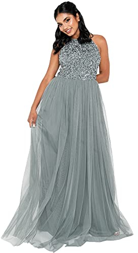Maya Deluxe Women's Ladies Bridesmaid Maxi Dress Halter Neck Sequin Embellished Prom Graduation Wedding, Misty Green, 10