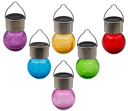 DRULINE 6er Set LED Hängelampe - Solarleuchte Balkon - LED Solarleuchte - Gartenleuchte Solar - Metall/Glas - rot/gelb/lila/blau/grün/pink - B/H ca. 6 x 9,5 cm - Geschenkidee