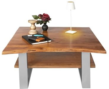 SAM Couchtisch 90x90 cm Patrick, Sofatisch mit Ablage, Akazienholz massiv + nussbaumfarben + lackiert, Beistelltisch mit silbernem U-Metallgestell, echte Baumkante