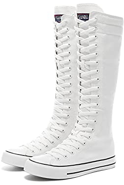 Momuk Stivali da donna metà polpaccio alto al ginocchio con cerniera alta scarpa con lacci elegante punk piatto sneakers stivali scarpe per ragazze, bianco, 43 EU