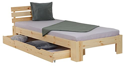 Homestyle4u Holzbett 90x200 mit 2 Schubladen Einzelbett mit Lattenrost 2 Bettkästen Bett Kiefer Holz Unbehandelt Kiefer