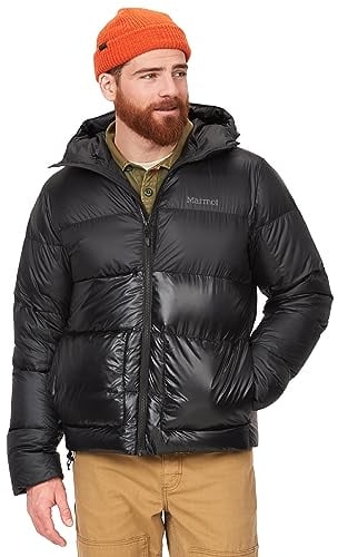 Marmot Men's Guides Down Hoody, Lightweight down jacket, warm winter puffy, water-repellent quilted coat, windproof functional jacket, packable outdoor jacket with hood, Black, L