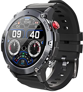 Smartwatch für Herren mit Bluetooth-Anruf, robuste Outdoor-Smartwatch, Herren-Fitness-Tracker, kompatibel mit Android-iOS-Handys, Neu-Schwarz