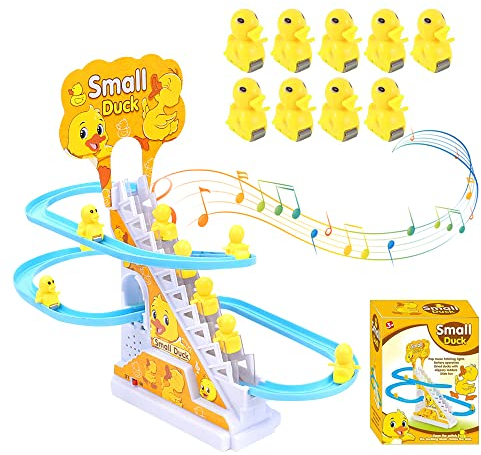 Canard électrique Jouet à Monter Les escaliers, HOVCEH Lot de 9 Jouets Escalade pour Enfants, Little Duck Track Slide Toys pour Enfants, Jouet Piste De Voiture De Course avec Éclairs Et Musique