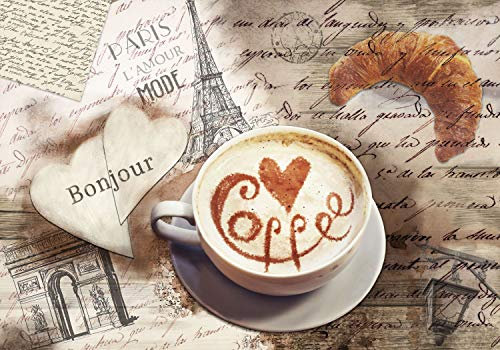 decomonkey Premium Fototapete Coffee Paris 350x256 cm XL Tapete Fototapeten Vlies Tapeten Vliestapete Wandtapete moderne Wandbild Wand Schlafzimmer Wohnzimmer Eiffelturm Spruch