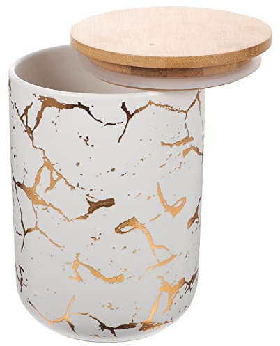 Kichvoe Keramik Aufbewahrungsdose mit Holzdeckel Keksdose Kaffeedose Teedose Zuckerdose Gewürzdose Marmor Design Vorratsdose für Lose Teeblatt Getreide Kaffeebohnen Weiß