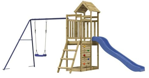 vidaXL Spielturm, Klettergerüst mit Rutsche Schaukel Kletterwand, Kinder Kletterturm mit Holzdach, Spiel-Zubehör für Garten, Holz Spielplatz, Imprägniertes Kiefernholz