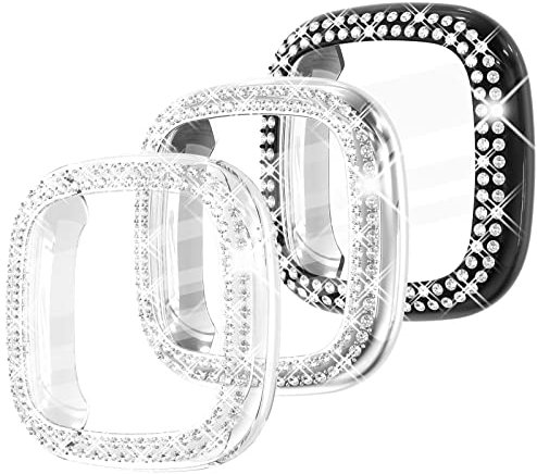 Fullife 3-Pack TPU Bumper for Fitbit Versa 4 Screen Protector, Crystal Diamond Bling Case HD Full Protective Cover for Men Women, Fitbit Versa 4/Fitbit Sense 2 Smartwatch, Black/Silver/Clear