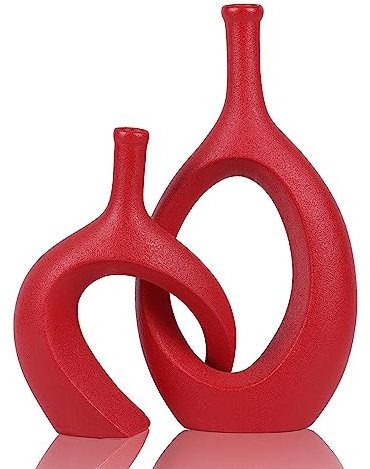 Rote Vasen für Dekoration – Moderne rote Tischdekoration, Tafelaufsätze, runde hohle Boho-Vasen für Pampasgras und Blumen, rote Wohnkultur, kleine Vasen für Wohnzimmer, Schlafzimmer, Couchtisch, Kamin