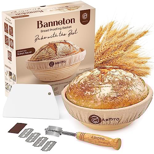 Banneton Brotgärkorb-Set – ein komplettes Set beinhaltet 25,4 cm runder Gärkorb, Brotlahme, Teigschaber und Leineneinsatz – geruchsfrei und keine Splitter – perfekt zum Formen von Sauerteigbrot