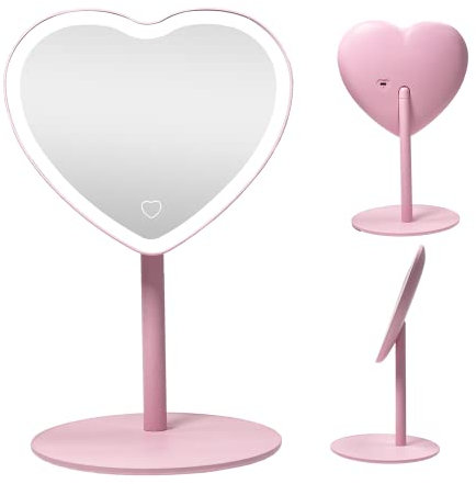 Weyot Kosmetikspiegel mit Lichtern, Herzspiegel, Smart-Touchscreen-Lichter, Helligkeit, verstellbar, 75° Spiegelwinkel, verstellbar, USB-Aufladung, Herz-Make-up-Spiegel für Damen und Mädchen, Rosa