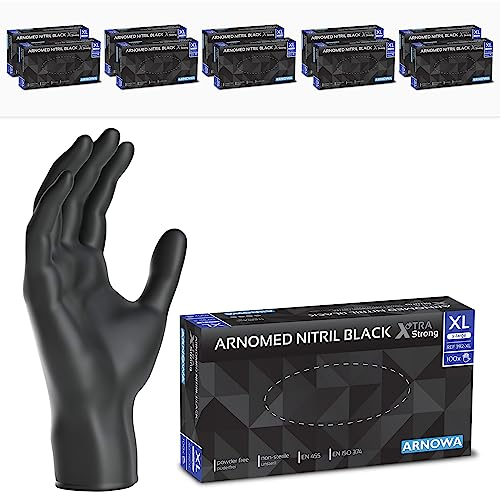 ARNOMED Einweghandschuhe Schwarz Extra Stark, Einmalhandschuhe XL, 50% dickere Nitrilhandschuhe, 1000 Stück, Handschuhe Einweg puderfrei, latexfreie Gummihandschuhe, Einweghandschuhe in S, M, L, XL