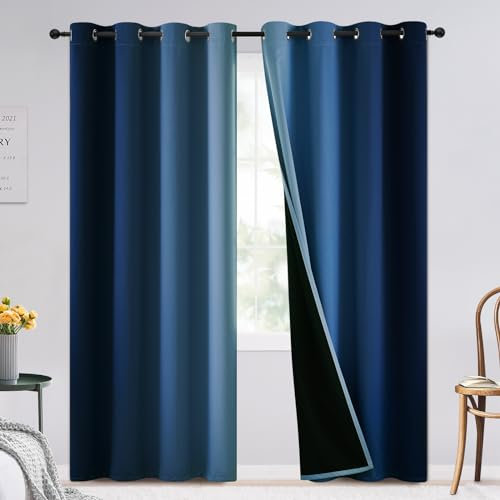 SimpleHome Ombre 100% Blackout Curtains for Bedroom, Full Light Blocking Gradient Blue Curtains, Thermal Insulated Grommet Window Drapes for Living Room,2 Panels, 52x84 inches Length