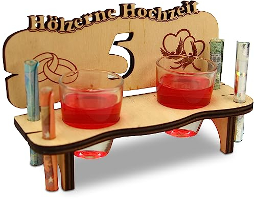 Urhome Hochzeit Schnapsbank aus Holz und 2 Schnapsgläser - 5. Hochzeitstag zur Hölzerne Hochzeit - Hochzeitsbank mit Gläser zum Jubiläum Jahrestag - Hochzeitsgeschenk für Brautpaar