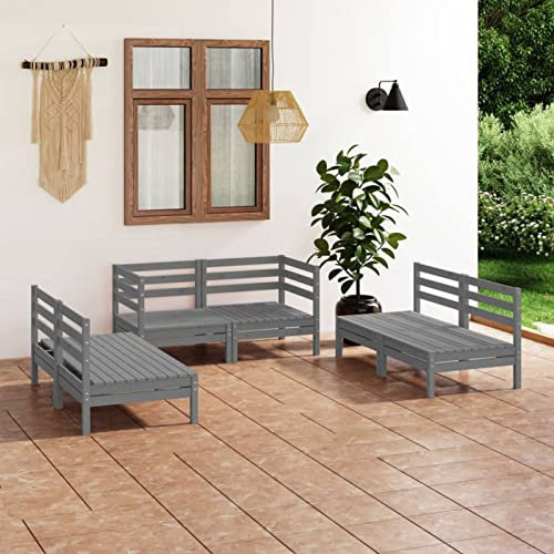 Homgoday Juego de sofás de jardín de 6 piezas, color gris, de madera maciza de pino, tumbonas para tomar el sol, sofá cama muebles, tumbonas de jardín, tumbona de piscina exterior/interior piscina 0