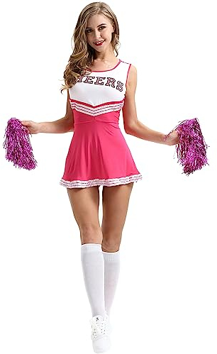 Nhainel Cheerleader Kostüm Damen, Uniform mit Pompons, High School Cheerleader Kostüm Fancy Dress Verrücktes Kleid Cheerleading Uniform für Halloween Party Verkleidung Karneval