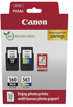 Canon PG-560 / CL-561 Genuine Ink Cartridges, Pack of 2 (1 x Black, 1 x Colour); Includes 50 Sheets of 4x6 Photo Paper - Security Cardboard Multipack