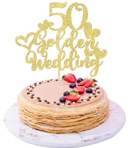 Xsstarmi 1 PACK 50th Wedding Anniversary Cake Topper Gold Glitter Heart 50 Golden Wedding Cake Pick Decoration for Cheers to 50 Years Happy 50th Anniversary Party Cake Decorations Supplies