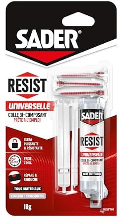 Sader Resist Universelle – Colle Bi-Composants type Epoxy – Colle de Réparation Tous Supports – Intérieur/Extérieur – Couleur : Translucide – 1 Seringue de 10 g (+ 3 embouts mélangeurs)